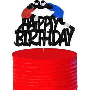 Wrestling Cake Topper- Wrestling Happy Birthday Cake Decoration for Childre Adult Glitter Wrestling Theme Birthday Party Decoration Supplies