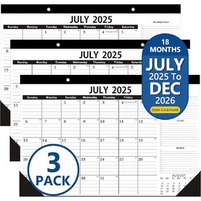 Desk Calendar 2025-2026, 2 PACK-July 2025 to Dec 2026,18 Months Calendar 2025-2026, 2026 Calendar 12x17" with Perforated Pages