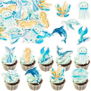 Gyufise 54Pcs Edible Tropical Aloha Luau Cupcake Toppers Wafer Paper Palm Tree Flower Turtle Leaves Flamingo Pineapple Cupcake Picks Summer Hawaiian Theme Birthday Party Cake Decorations Supplies
