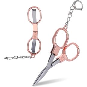 2 Pcs Folding Scissors Travel, Foldable Tiny Travel Scissors Badge Keychain Portable Folding Mini, Nurse Badge Accessories, Gifts for Men Glasses Shaped Mini Shear Cutter Stainless Steel(Rose Gold)