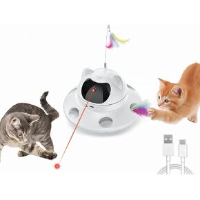3-in-1 Cat Laser Toy & Interactive Automatic Motion-Activated Kitten Toy – 6 Holes Whack-A-Mole Feather & Moving Ambush Fun – USB Rechargeable, Apply to – Indoor Exercise for Cats of All Breeds