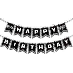 Race Car Happy Birthday Banner, Red Checkered Flag Party Supplies, 5.9 x 4.7 Inches