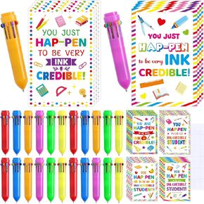 End of Year Students Gifts Bulk 6 in 1 Multicolor Retractable Ballpoint Pens with Gift Cards for Kindergarten Preschool Graduation Party Favors Classroom Teacher Appreciation Supplies 24Pcs