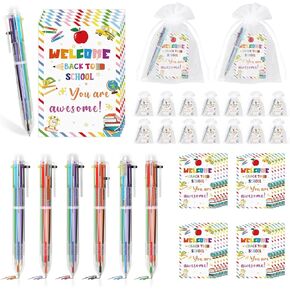 60 Sets Back to School Gifts for Students 0.5mm 6 in 1 Multicolor Ballpoint Pen Inspirational Cards with Organza Bag First Day of School Gifts Goodie Bags for Kids Classroom Reward Party Favor