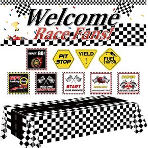 Race Car Birthday Party Decorations, Welcome Race Fans Banner 9 Racing Party Signs Racetrack Tablecloth for Birthday Supplies Baby Shower Lets Go Racing Car Party Decoration