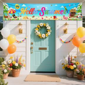 Hello Summer Banner Party Decorations Large Yard Sign Background Hawaiian Beach Banner for Summer Party Decorations Supplies Party Indoor Outdoor Decor 98.4x19.7inch