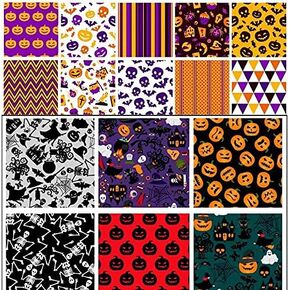 DoubleWood Halloween Fabric 16Pcs Squares Printed Patchwork Fabric for DIY Sewing Scrapbooking Quilting Masks (16pcs/9.8" x 9.8")