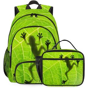 TropicalLife Frog Backpack Set with Lunch Box, Funny Lightweight Travel Camping Hiking Gym Casual Daypack 18 Inches