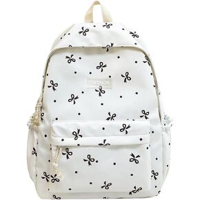 Preppy Bow Backpack Women's 14 Inch Casual Laptop Bag Aesthetic Backpacks Travel Hiking Daypacks Rucksack Shoulder Bag, One Size, White-Blue