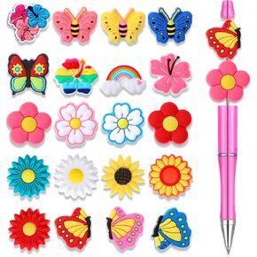 20pcs Flowers Butterfly Beads for Pens Making Bulk,Colorful Silicone Beads Bulk, Cute Silicone Focal Beads for Pens Keychain Making DIY Crafts