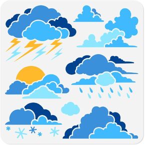 11.8"x11.8" Clouds Wall Stencil Templates, Reusable Plastic Lightning Rain Cloud Stencils for Painting on Wood Wall Floor Tile Fabric Glass Furniture, Snow Sunrise DIY Home Decor Template