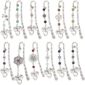 12PCS Dragon Metal Bookmarks Vintage 12 Styles Healing Natural Stone Beaded Alloy Bookmarks with Flower Pendant Charm for Christmas Student Teacher School Graduation Gift Book Lovers