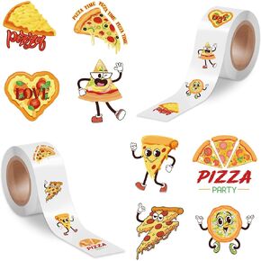 500 Pcs Cartoon Pizza Sticker Rolls, Cute Pizza Food Face Designs Self-Adhesive Decals, Cheesy Stickers Roll for Kids Party Favor, Teacher Reward School Classroom Party Supplies Gifts