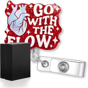 Go with The Flow Funny Glitter Heart Badge Reel with ID Clip, Retractable Badge Holder for ER RN MA ICU CVICU Nurse Anatomy Surgery Doctor First Responder Cardiac Nurse, Cath Lab Gift