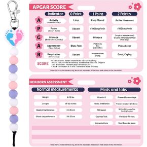 Newborn Assessment Reference Card with Colorful Hanging Beads, Labor and Delivery Badge Reel Buddy Newborn Assessment Guide Doula Essentials Hello World Recording Tool Supplies for Nursing