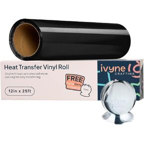 iVyne, HTV Heat Transfer Vinyl Roll, Iron On Vinyl Sheets for Cricut, Heat Press Vinyl for T-Shirts, Caps, & Crafting Projects, 12" x 25 ft White HTV Vinyl Roll, Black