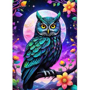 GDYEEH DIY 5D Fantasy Owl Diamond Art Kits, Round Full Drill Sparkling Moon Diamond Painting Picture, Flowers Diamond Painting Art Kits Craft for Adults Beginners, Home Wall Decor 12x16 inch