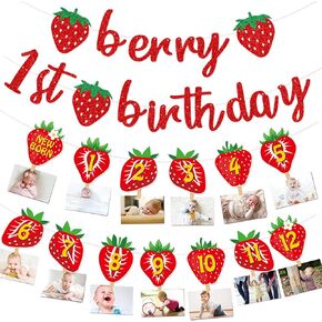 Strawberry First Birthday Decor Banner Berry 1st Monthly Photo Banner for Girls Baby Shower Birthday Party Supplies,12 Months Photo Display (Colorful)