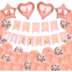 Rose Gold Birthday Decorations Happy Birthday Banner with Foil Heart Star Confetti Balloons Happy Birthday Party Decorations for Girls Women Princess