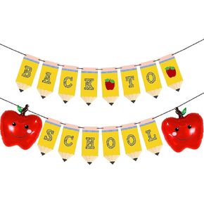 Pencil Back to School Banner Red Apples Balloons First Day of School Banner for Classroom Decor Back to School Party Decorations