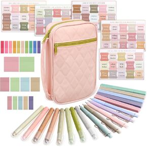 Lincia 35 Pcs Bible Journaling Supplies Kit Aesthetic Bible Study Supplies Bible Cover Carrying Book Case No Bleed Bible Highlighters and Pens Sticky Notes Tabs Bible Book Kit for Women Gift