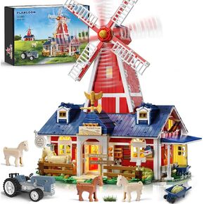 Farm House Building Set with Light, 1810 PCS Mechanical Farm Barn Building Block Toy with Windmill Tractor Animal Horse Stable, Construction Model for Easter for Adults Teens Boys Girls 12+