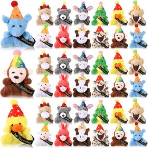 36 Pcs Birthday Mini Plush Toys Small Stuffed Animals with Hat for Student Classroom Reward Gifts, Return Gifts for Birthday Party Goodies Bag Fillers Party Decor