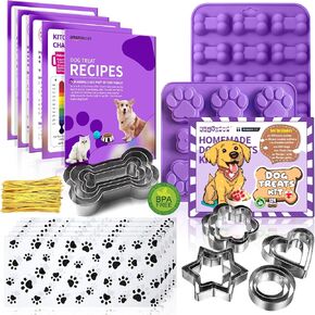 Homemade Dog Treat Molds Silicone,Cookie Cutters,Including 2 Silicone Mold,5+12 Cookie Cutters and, 4 Dog Treat Recipes Card, 50 Bags & 50 Gold Twist Tie