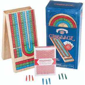 Brybelly Cribbage Board Game Set - Traditional Wooden Board Game, Classic 3-Track Layout, Plastic Pegs - Standard Deck of Playing Cards Included - Folding Portable Storage