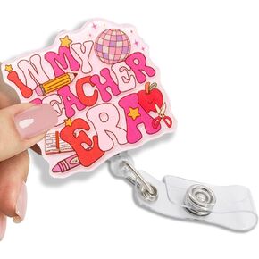 in My Teacher Era Glitter Retractable Reel ID Card Clip, Funny Pencil Badge Holder Gifts for Teacher Office Worker Doctor Nurse Coworker Professor Tutor, Teacher Thank You Teacher Day Gifts