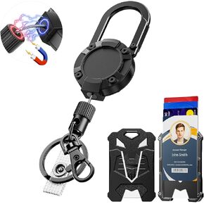 Heavy Duty Retractable Badge Holder with 27" Stainless Steel Cord & Magnetic Closure - Includes Keychain, Carabiner Clip, and Tactical ID Badge Holder