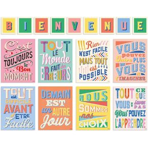 S&O 8 Classroom Posters for French Student - 9 Letters Welcome Sign for Academy- Growth Mindset Wall Art for Workshop- Cadeau Professurs en Francais - Color Prints for study area Wall Decor - 17PC
