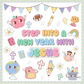 Christian Bulletin Board Decorations Sets Classroom Cutouts Back to School Chalkboard Decor Sunday School Groovy Religious Church Borders Decor Cross Step into a New Year with Jesus (Vintage)