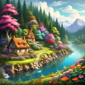 Landscape Diamond Painting Kits For Adults, 5D DIY Full Square Drill Fantacy Diamonds Art Sets for New Beginners Colorful Mountains Cottage River Picture Paint By Numbers Art Craft Home Decor 16x16in