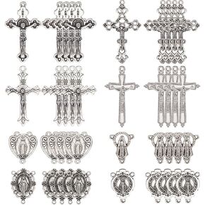 SUNNYCLUE 1 Box 48pcs 8 styles Easter Rosary Charms Metal Rosary Crucifix Bulk Assorted Tibetan Style Alloy Antique Silver Chandelier Link Connector Charm Pendants Bulk for Jewelry Making Women Adults