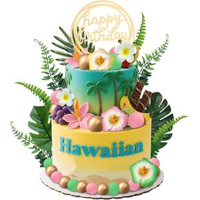 32 PCS Hawaii Flowers Cake Toppers Summer Birthday Cake Toppers Luau Birthday Wedding Baby Shower Supplies