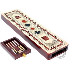 3 Track Continuous Cribbage Board Inlaid in Maple Wood/Bloodwood - Size: 12.5 Inch - Wood Inlaid Card Symbols (Suits) + Storage Drawer for Cribbage Pegs