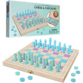 2 in 1 Wooden Chess and Checkers Set - Chess Set for Kids – 11" x 11" Wood Game Board Folds As Storage Case - Chess Checker Set - Childrens Chess Sets for Beginners - Chess Board for Kids