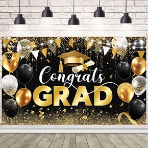 Congrats Grad Backdrop Black Gold Glitter Balloons Congratulations Graduation Party Decorations Background for Photography Graduation Decorations 2025 Party Supplies 70.8x43.3 Inch
