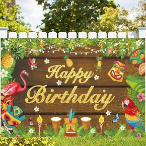 KYMY Large Hawaiian Luau Happy Birthday Backdrop Banner, Summer Floral Tropical Flamingo Birthday Sign with 70.8"X43.3", Hawaii Theme Photograph Background Supplies for Birthday Party Decorations