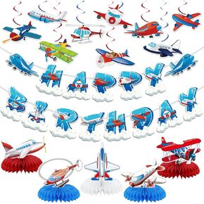 Airplane Birthday Party Decorations, Airplane Themed Decorations Including Happy Birthday Banner Hanging Swirls Honeycomb Centerpieces for Airplane Party Supplies