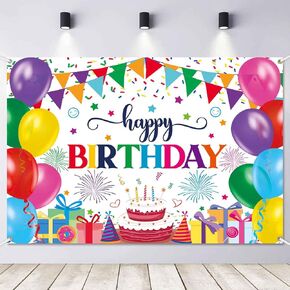 Colorful Happy Birthday Backdrop Banner Large Birthday Sign Party Decorations Rainbow Balloons Wall Banner Indoor/Outdoor Photography Background for Kids Boys Girls 5x3ft
