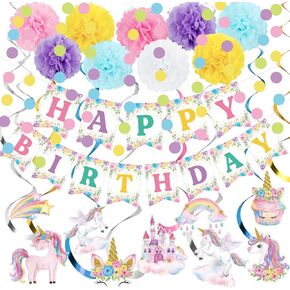 Marspark Unicorn Birthday Decorations Included Magical Happy Birthday Banner Hanging Swirls Macaron Circle Dots Garland Pastel Paper Pom Poms for Rainbow Unicorn Birthday Party Supplies