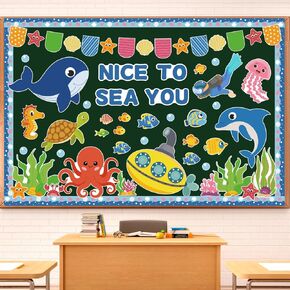 86Pcs Ocean Bulletin Board Classroom Decorations Set, Summer Beach Sea Animal Cutouts Under The Sea Borders Back to School Classroom Chalkboard Window Wall Door Decor for Home Office School