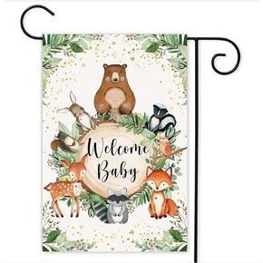 Woodland Welcome Baby Garden Flag, 12×18 Inch Double Sided Woodland Baby Shower Garden Flag, Forest Animals Lawn Yard Sign Outdoor Party Decoration