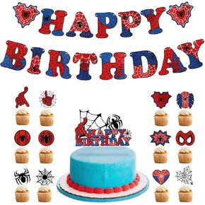 Spider Birthday Banner, Spider Themed Birthday Decorations with Cake Toppers, Cupcake Toppers for Party Baby Shower Decoration