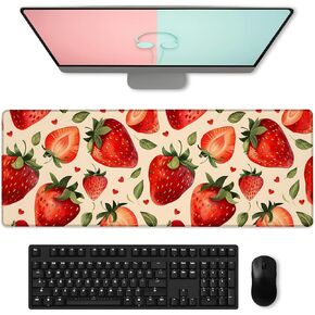 Sweet Fresh Strawberry Gaming Mouse Pad, Large Fruit Desk Mat for Keyboard Computer Laptop, Extended Non-Slip Rubber Base Desktop Mousepad for Office Home Accessories 31.5"×11.8"