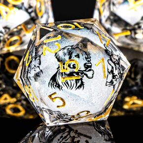 KERWELLSI Dog Liquid Core DND Dice Set with Gift Box, 7 Pcs Resin Sharp Edged Dice, Role Playing Dice D20 D12 D10 D8 D6 D4, White and Gold