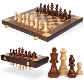 15-Inch Magnetic Wooden Chess Set – Foldable Wooden Chess Board with Magnetic Pieces, Portable Travel Chess Sets for Adults and Kids, Classic Board Game with Secure Storage Box