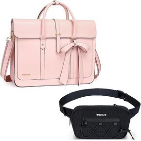 MOSISO Fanny Packs for Women with Adjustable Strap&Laptop Bag for Women, 13-14 inch PU Leather Laptop Shoulder Bag Convertible Backpack,Work Briefcase Travel Computer Bag with Bowknot, Pink&Black